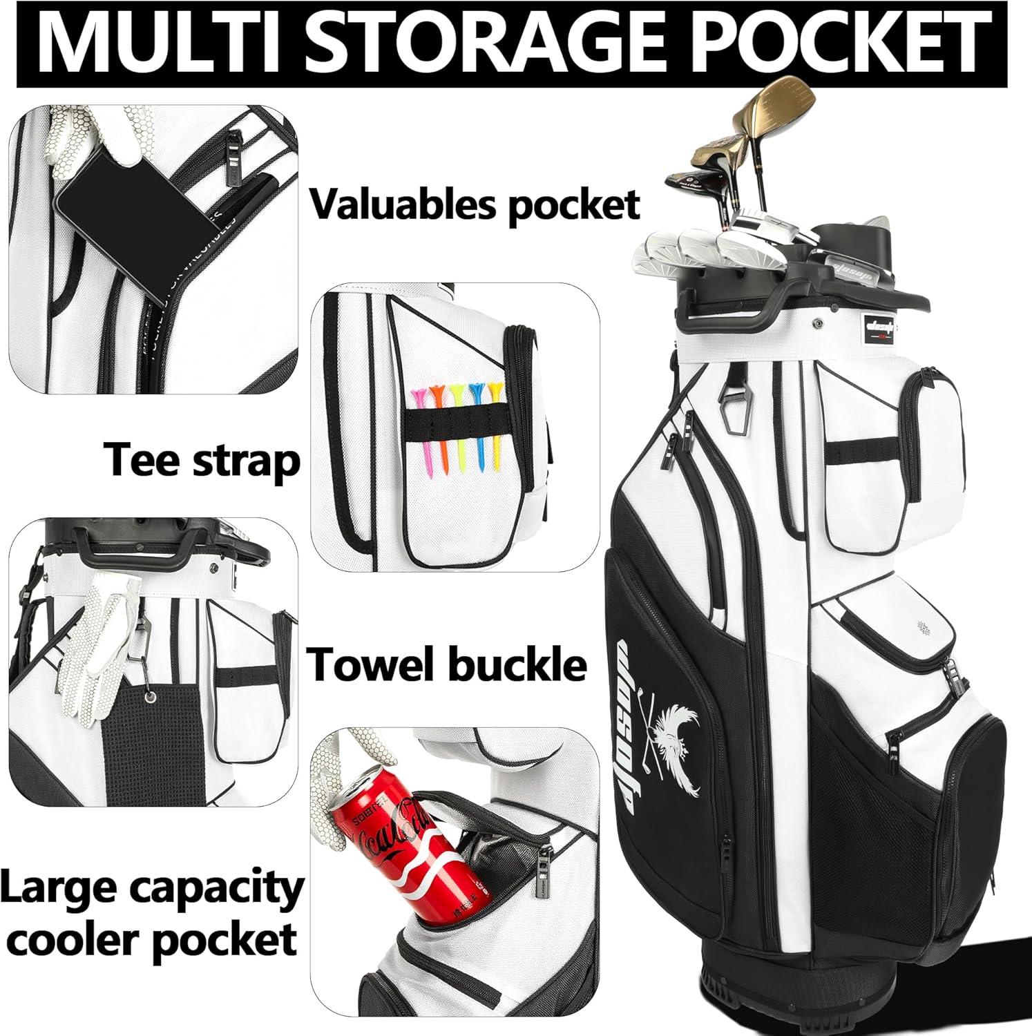 Golf Cart Bag ,T-Lock 14 Way Full-Length Divider Top Fixed Slots Clubs Organized Premium Oxford Cloth Golf Bag for Men Women Black Blue Green 13 Pockets with 3 Handles Cooler Bag Rain Cover