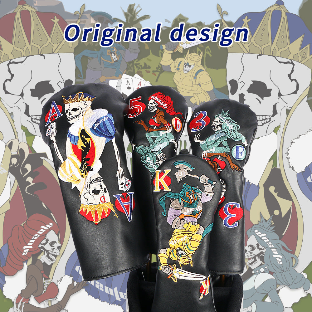 Golf wood headcover Scratch-proof waterproof furable fits 1/3/5 wood/UT skull playing card embroidery design