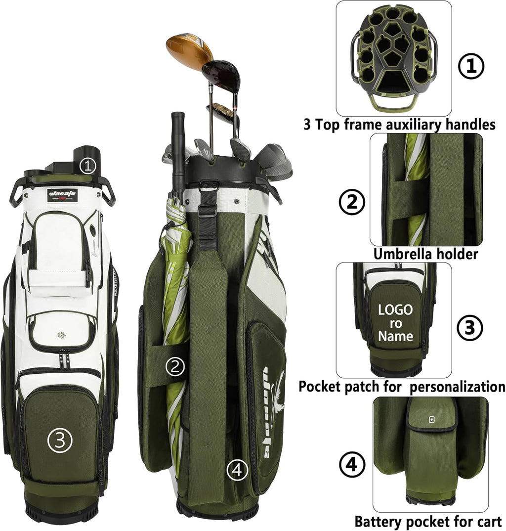 Golf Cart Bag ,T-Lock 14 Way Full-Length Divider Top Fixed Slots Clubs Organized Premium Oxford Cloth Golf Bag for Men Women Black Blue Green 13 Pockets with 3 Handles Cooler Bag Rain Cover