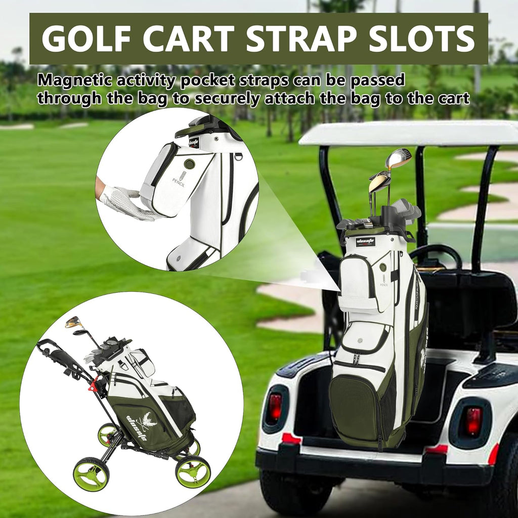 Golf Cart Bag ,T-Lock 14 Way Full-Length Divider Top Fixed Slots Clubs Organized Premium Oxford Cloth Golf Bag for Men Women Black Blue Green 13 Pockets with 3 Handles Cooler Bag Rain Cover