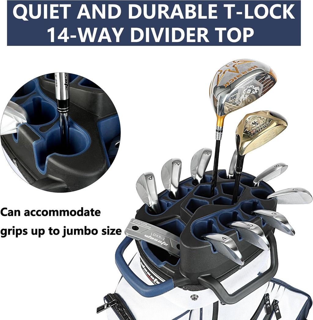 Golf Cart Bag ,T-Lock 14 Way Full-Length Divider Top Fixed Slots Clubs Organized Premium Oxford Cloth Golf Bag for Men Women Black Blue Green 13 Pockets with 3 Handles Cooler Bag Rain Cover