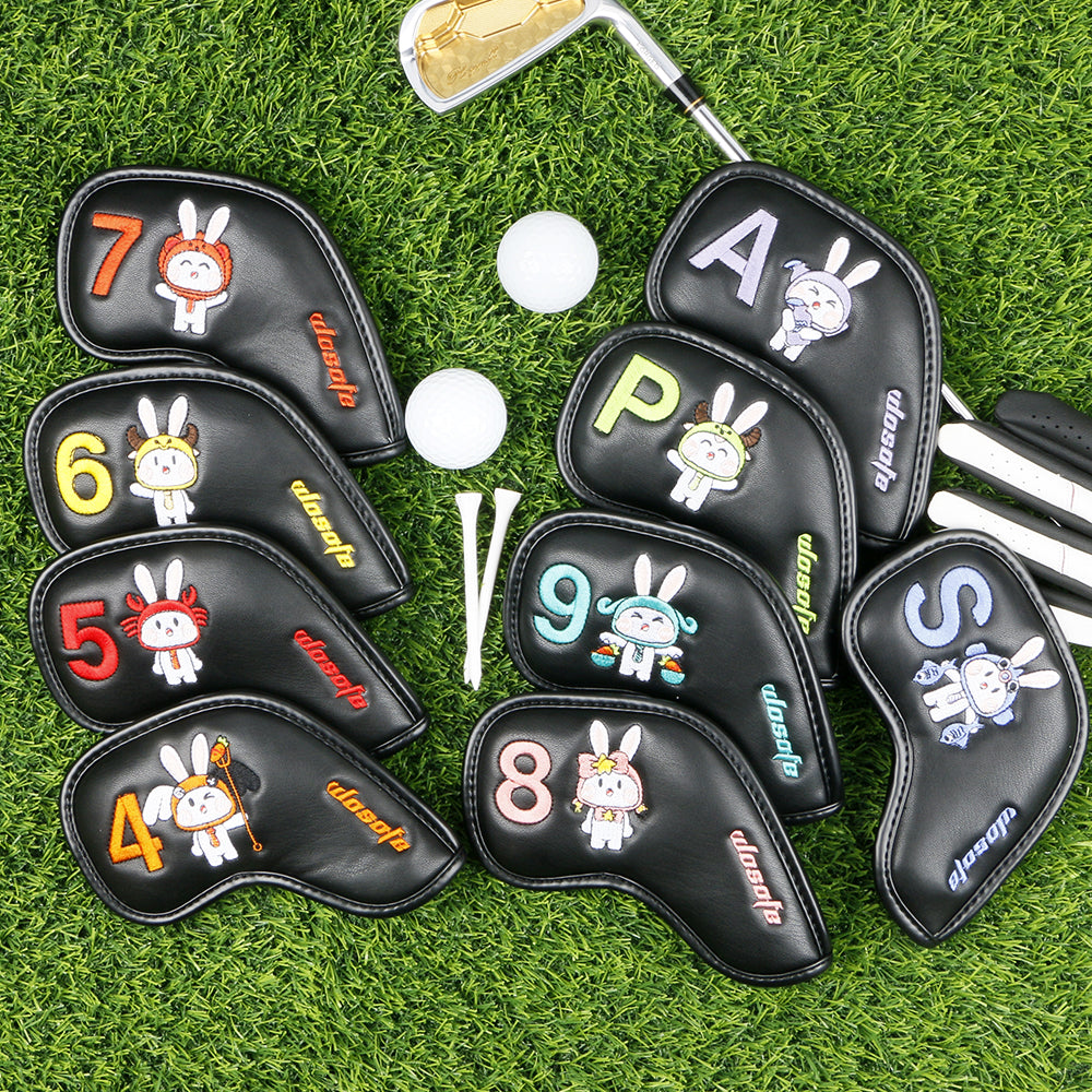 Lucky Rabbit Embroidery Golf Iron Headcovers Set - 9pcs Premium Waterproof PU Leather Protectors with Secure Velcro Closure, High-Density Stitching, Black & White