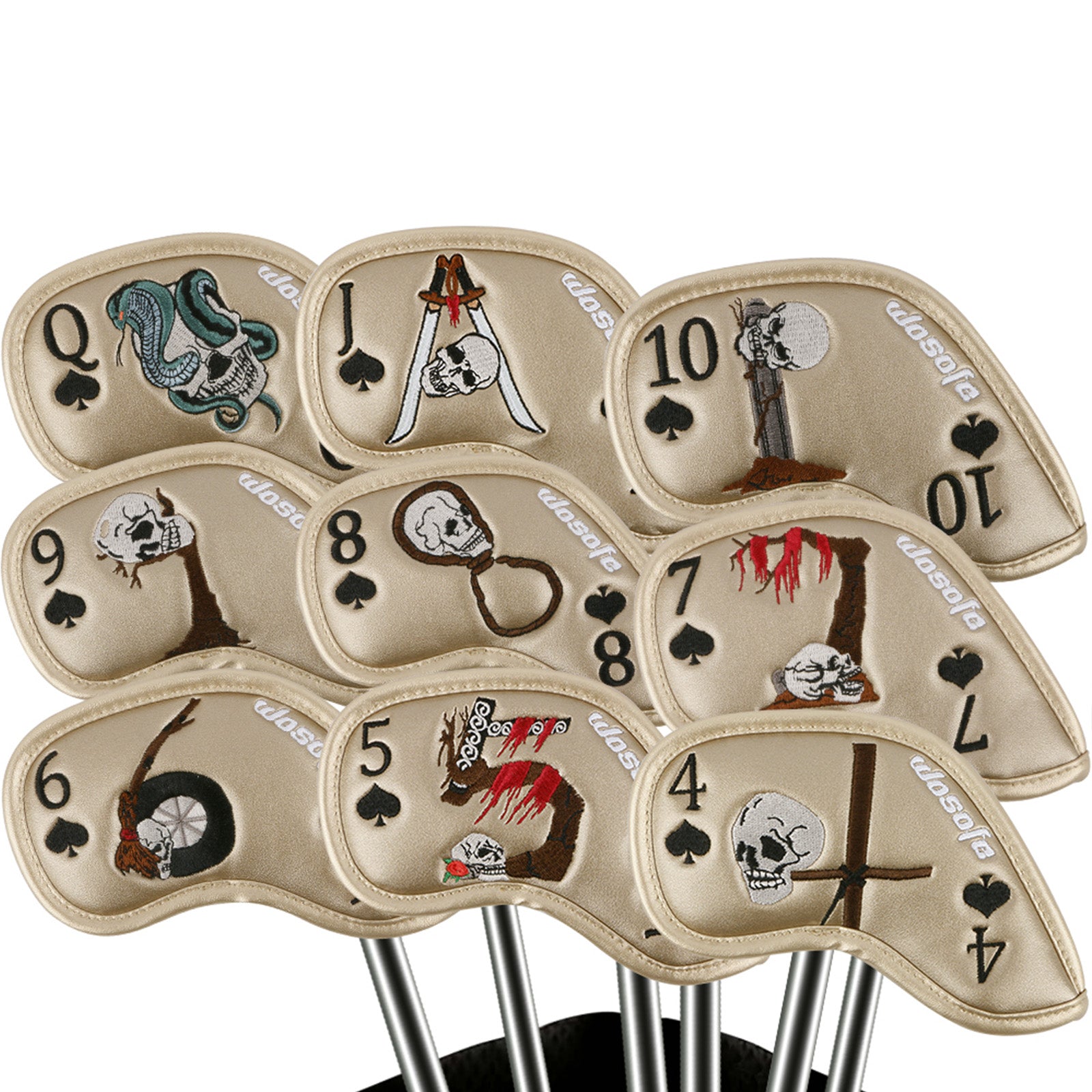 Golf Iron Headcover 9pcs Thick Synthetic Leather Golf Iron Head Covers Set Fit All Brands Skull Theme Embroidery Iron Cover Set