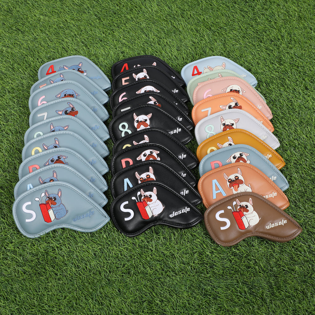 High Quality PU Golf Headcover, Embroidered French Bulldog Design Iron Club Golf Head Cover Set 9pcs Waterproof Durable Effective Protection Club
