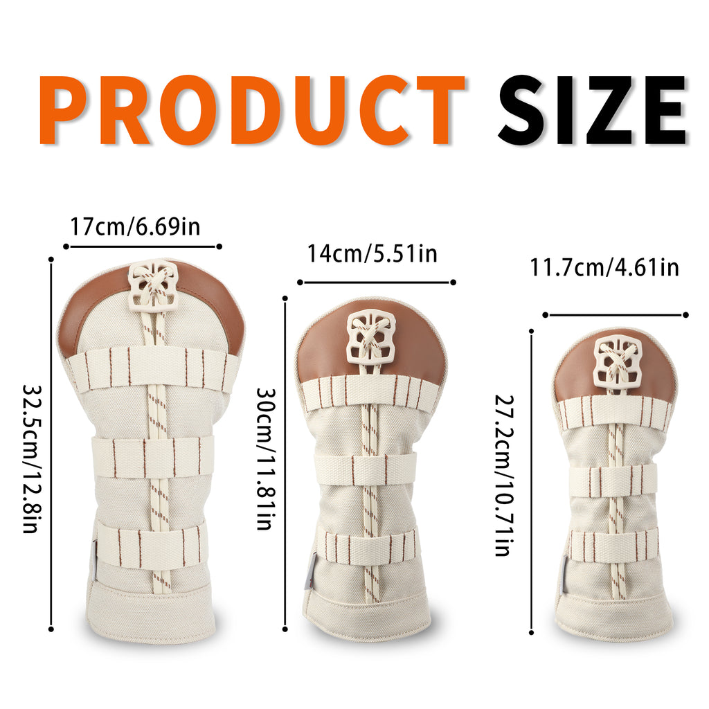 Tactical Canvas & PU Leather Golf Headcover Set - 3pc Wood Club Covers (Driver, Fairway, Hybrid) with Integrated Tee Holder Ribbon & Black Velvet Lining, Fits All Major Brands