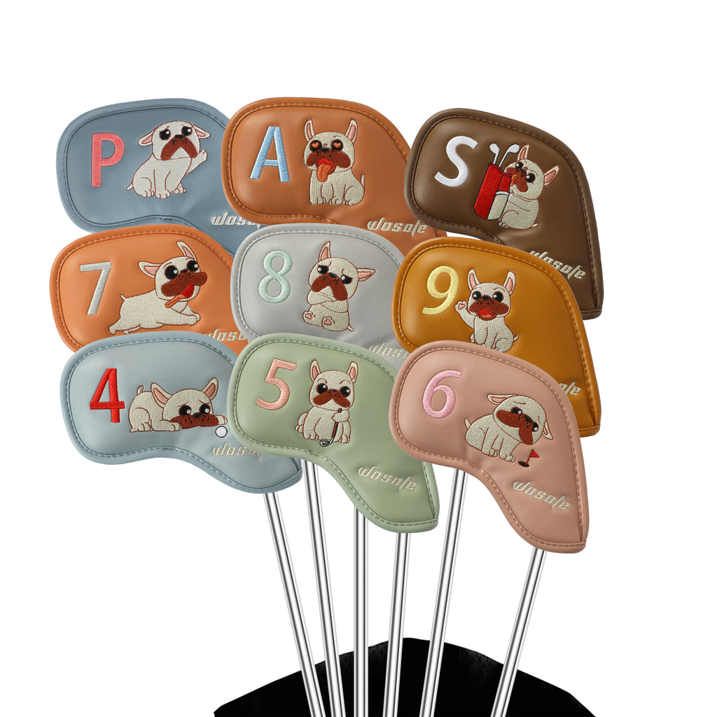 High Quality PU Golf Headcover, Embroidered French Bulldog Design Iron Club Golf Head Cover Set 9pcs Waterproof Durable Effective Protection Club