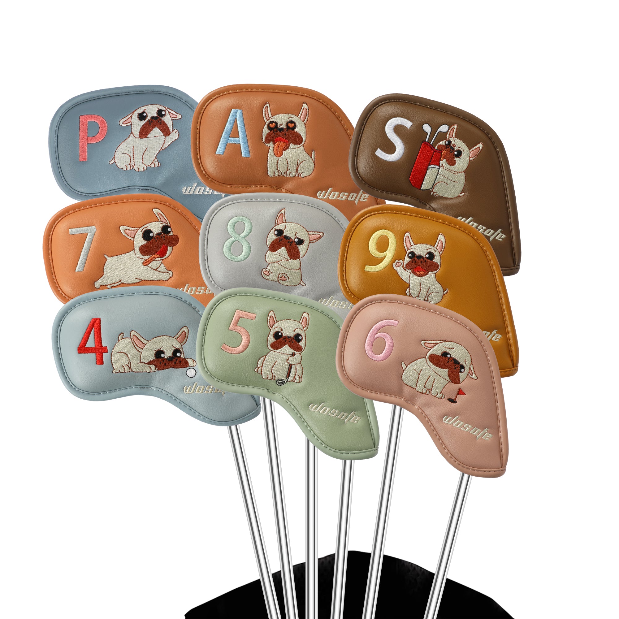 High Quality PU Golf Headcover, Embroidered French Bulldog Design Iron Club Golf Head Cover Set 9pcs Waterproof Durable Effective Protection Club