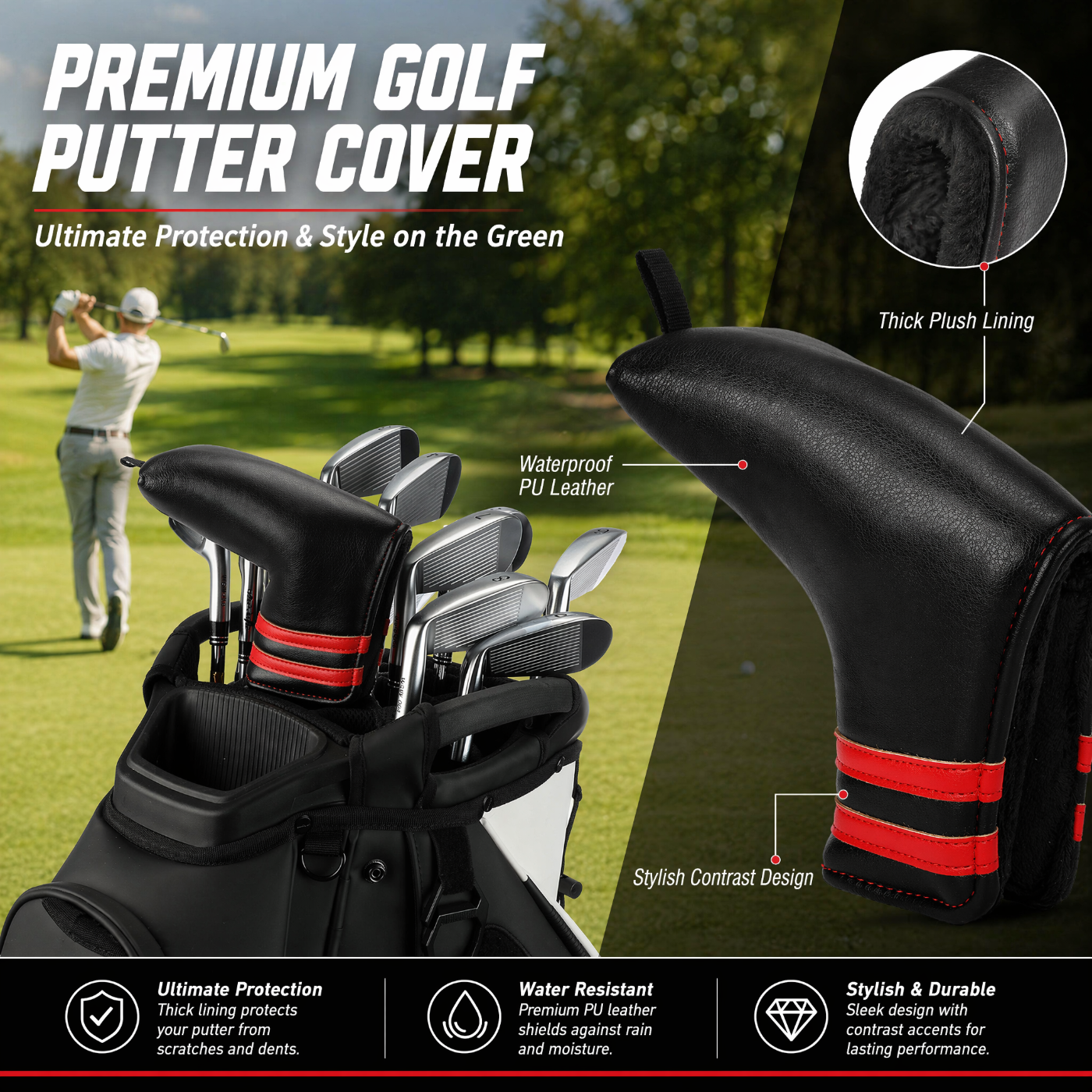 Premium Blade Putter Cover - Magnetic PU Leather Golf Headcover with Applique Embroidery & Velvet Lining, 5 Colors, Fits Scotty Cameron, Odyssey, Newport & Blade Putters