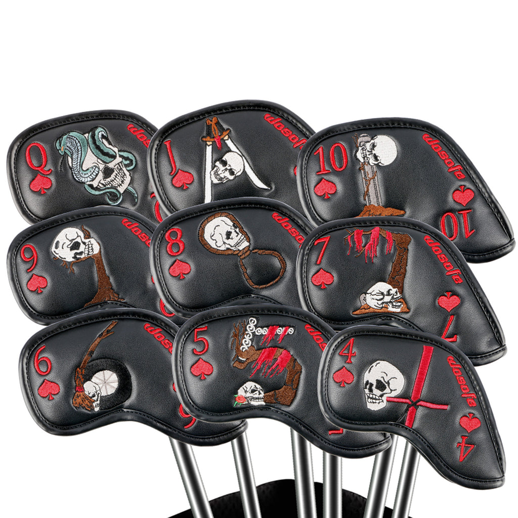 Golf Iron Headcover 9pcs Thick Synthetic Leather Golf Iron Head Covers Set Fit All Brands Skull Theme Embroidery Iron Cover Set