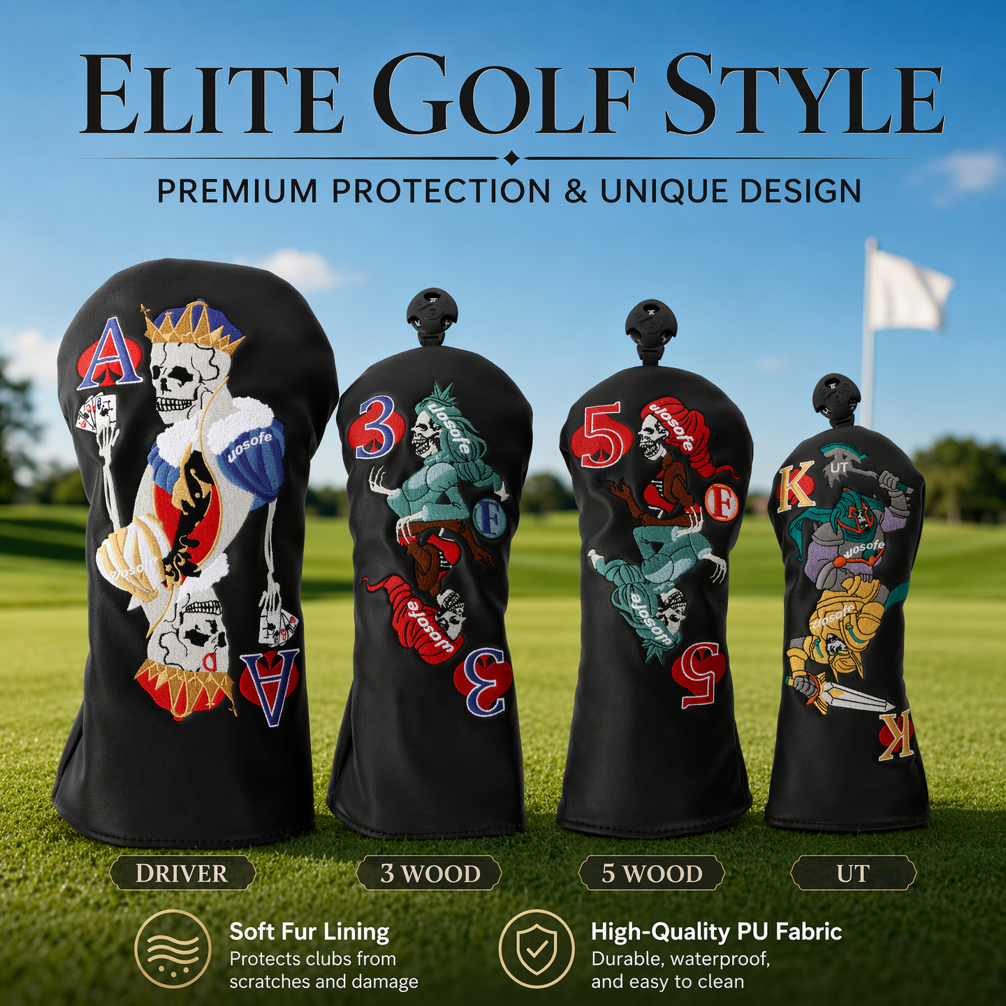 Minimalist 4pc Golf Wood Headcover Set - High-Density Embroidery PU Leather Club Covers for Driver, Fairway & Hybrid, Waterproof & Velvet Lined