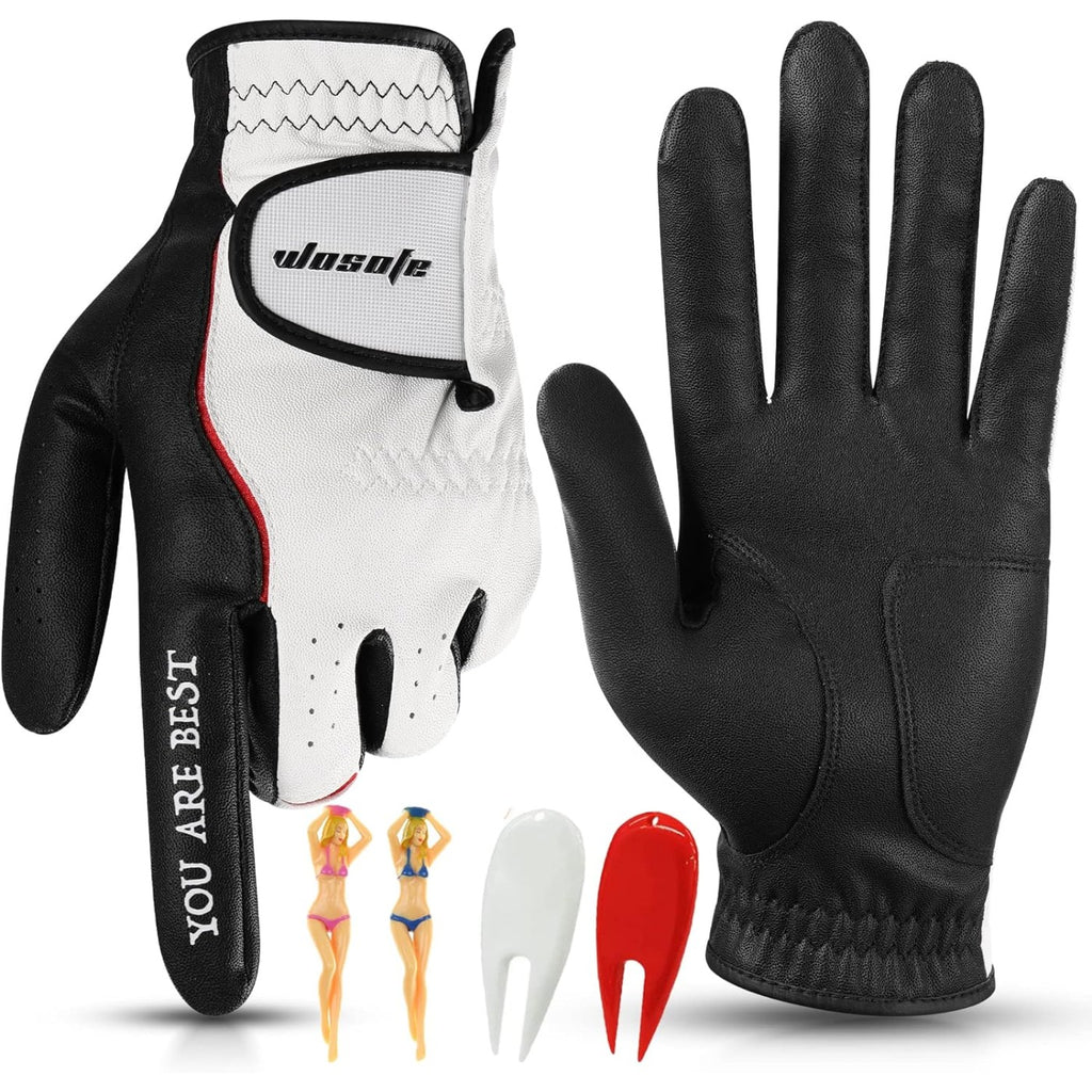 Golf Glove Men Left Hand Premium Leather Grip Soft Breathable Durable Fit All Weather with Golf Tee and Divot Repair Tool