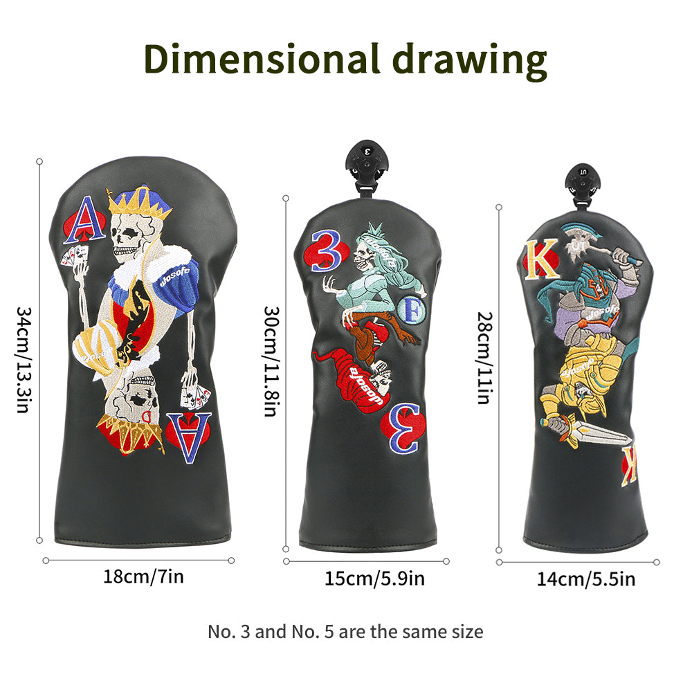 Golf wood headcover Scratch-proof waterproof furable fits 1/3/5 wood/UT skull playing card embroidery design