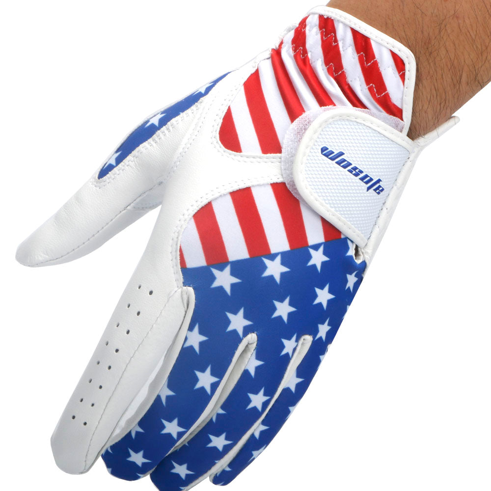 ゴルフグローブ メンズ 左手用 ホワイト ソフトレザー USA国旗 通気性 プロフェッショナル