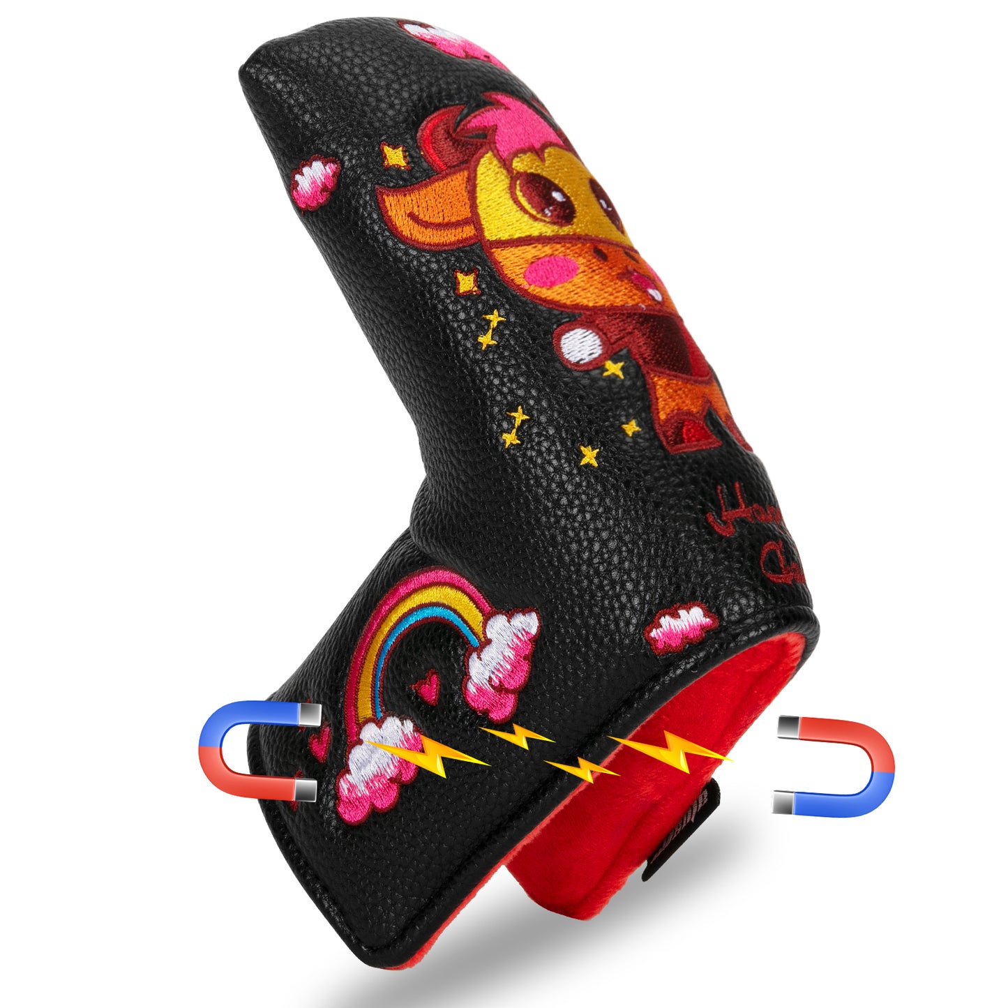 Golf Blade Putter Cover Headcover Magnetic Synthetic Leather Closure Embroidery Funny Patterns Soft for Women and Men Fit Most Brands Protector Black White Color