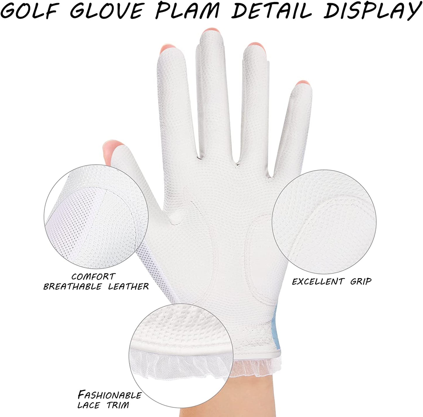 wosofe Golf Gloves for Women Half 1/3 Finger Soft Leather Breathable Extra Grip Accessories Fit Ladies Girls Sport Gloves 1 Pair 3 Colors Optional