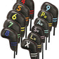 Schlägerhauben für Golfschläger, schwarzes Leder, Schlägerhaube, 11-teiliges Set (4 5 6 7 8 9 Pw Aw Sw Lw X, bunte Zahl, besticktes PU-Leder, wasserdicht, passend für alle Marken
