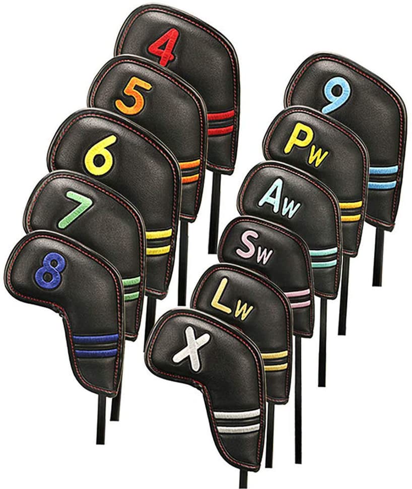 Golf Iron Covers Black Leather Head Covers Headcover 11pcs Set （4 5 6 7 8 9 Pw Aw Sw Lw X Colorful Number Embroideried PU Leather Waterproof Fit All Brands