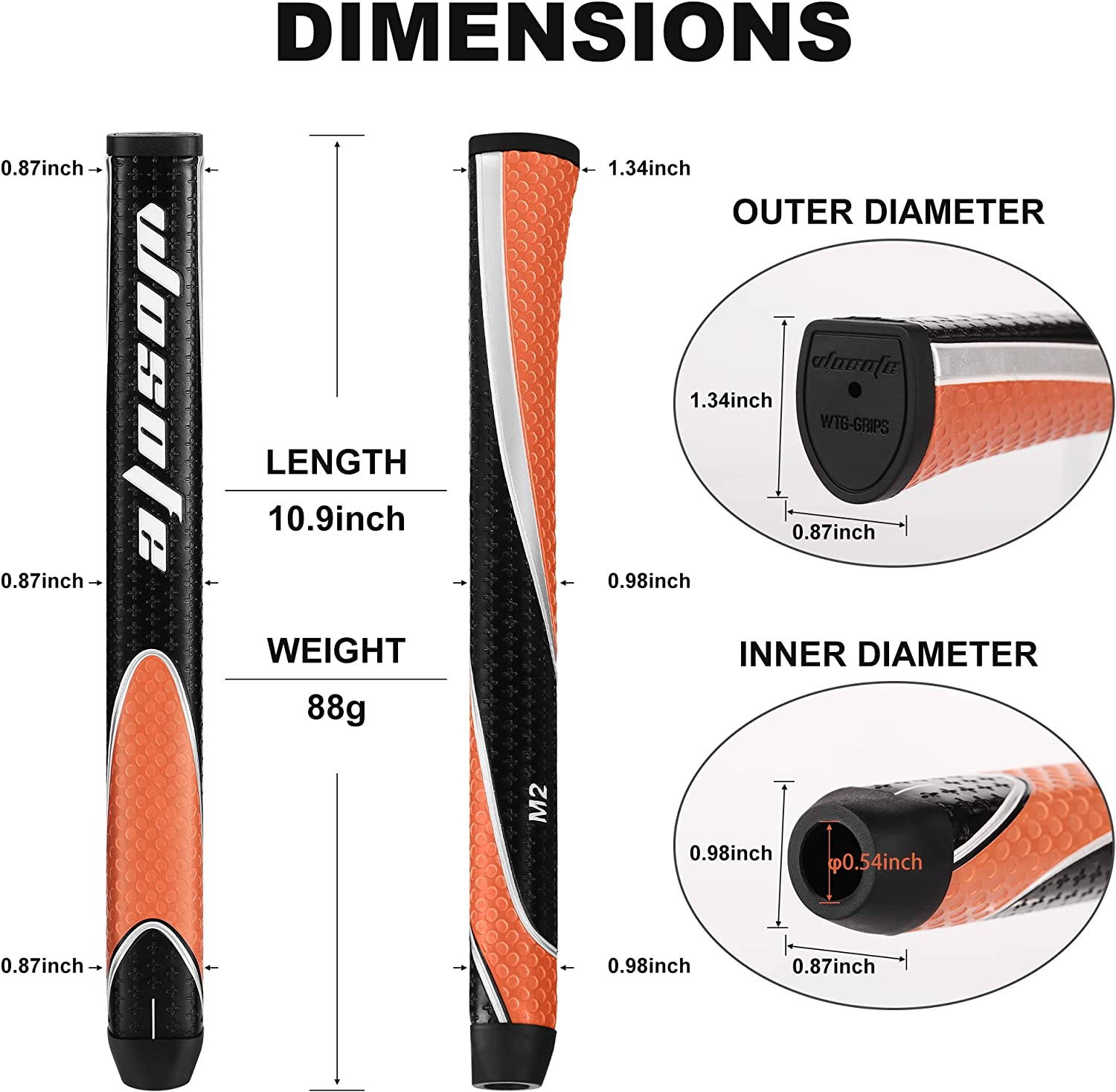 Golf Putter Grip, 87g Midsize Golf Grips With Non Slip PU & Lightweight Grips, Advanced Surface Texture Extreme Grip Comfort Non-Slip Putter Grips 6 Colors 2 Double Sided Tape