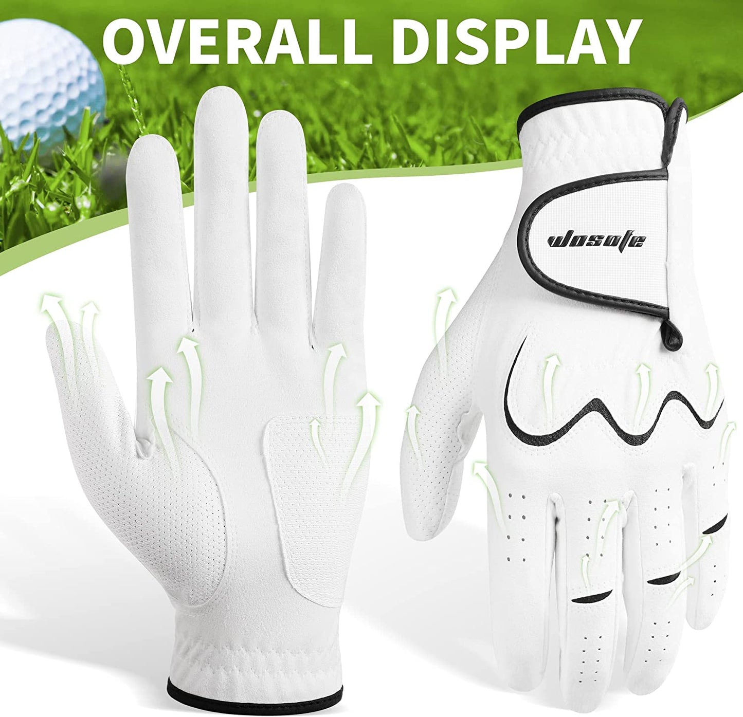 wosofe Men’s Golf Glove Left Hand Non-Slip Breathable Lycra Nanocloth Soft Comfortable No Sweat All Weather Liner and Green Fork