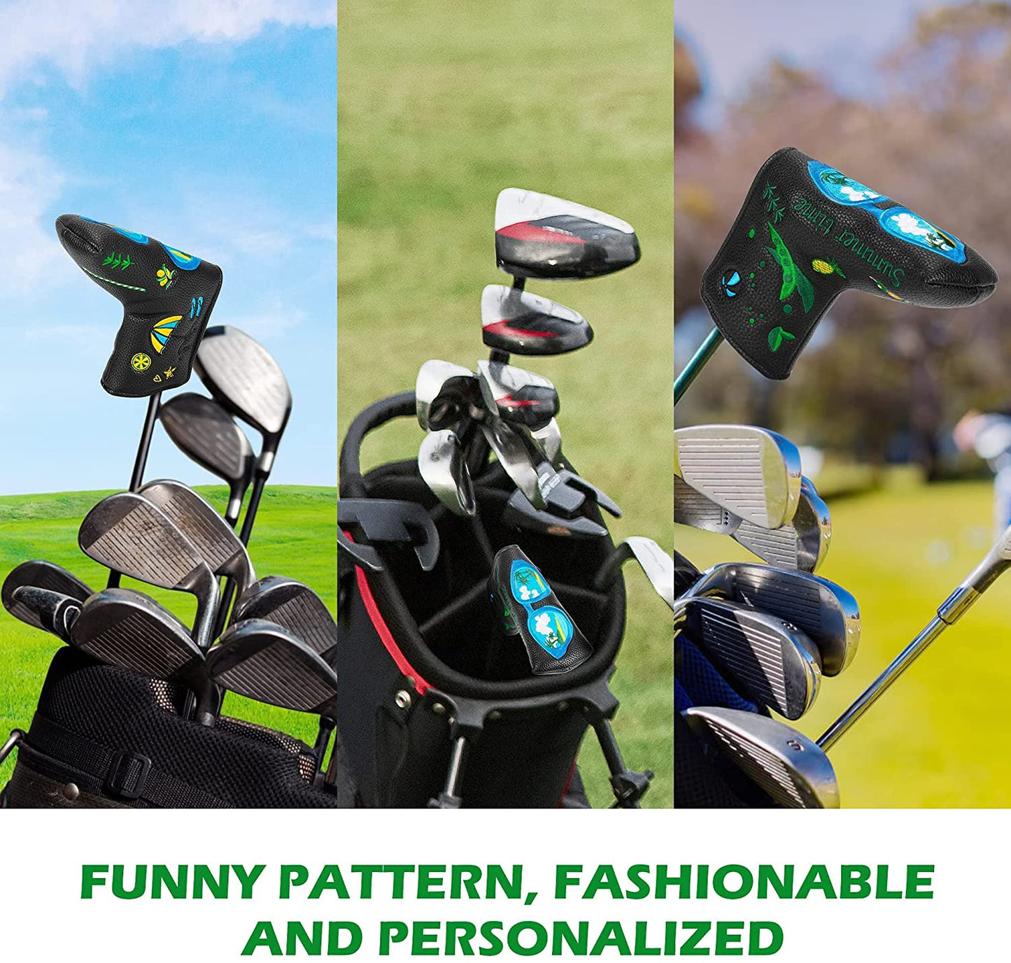 Golf Blade Putter Cover Headcover Magnetic Synthetic Leather Closure Embroidery Funny Patterns Soft for Women and Men Fit Most Brands Protector Black White Color