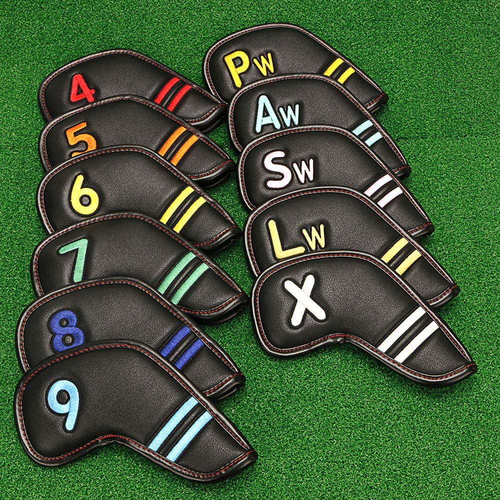 Golf Iron Head Covers Black Leather11pcs Set 4 5 6 7 8 9 Pw Aw Sw
