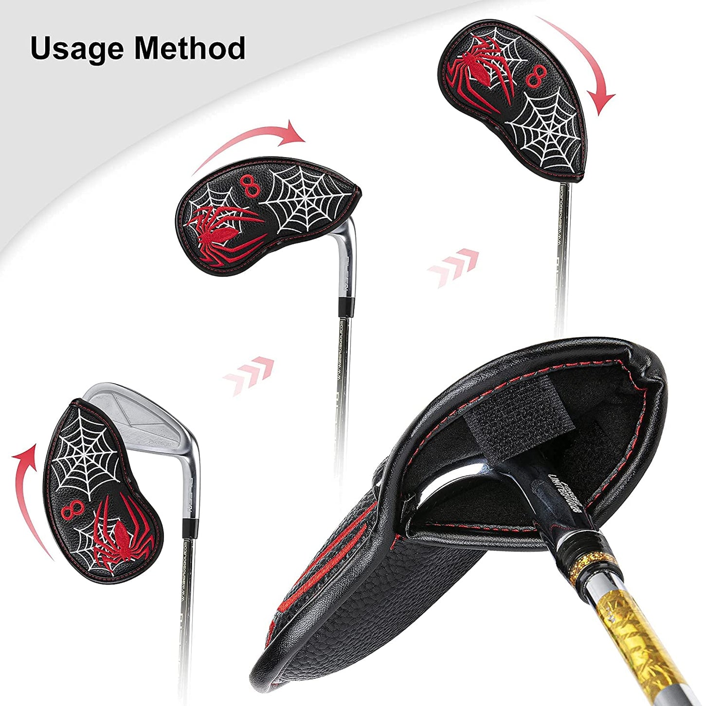 Golf Head Covers for Iron Right Handed Fit Most Brands 11pcs/Set Synthetic Leather Spider Embroidery Classic Black Including 4 5 6 7 8 9 PW AW SW LW X (Iron Cover)