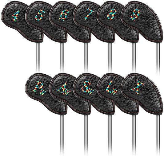 Golf Iron Head Covers 11pcs Thicken Pu Leather Soft Lightweight Rainbow Cross Number Embroidery Edging Closely Protector Waterproof Durable Fit Most Brands （4-9 Pw Aw Sw Lw X） Number