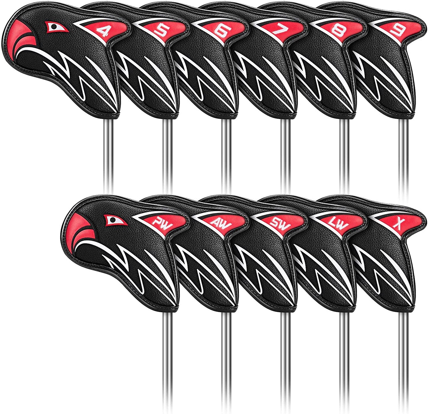 Golf Iron Head Covers 11pcs Thicken Eagle PU Leather Soft Black Embroideried Edging Closely Protector Right Handed Waterproof Durable Fit Most Clubs Wedge （4-9 Pw Aw Sw Lw X） Number