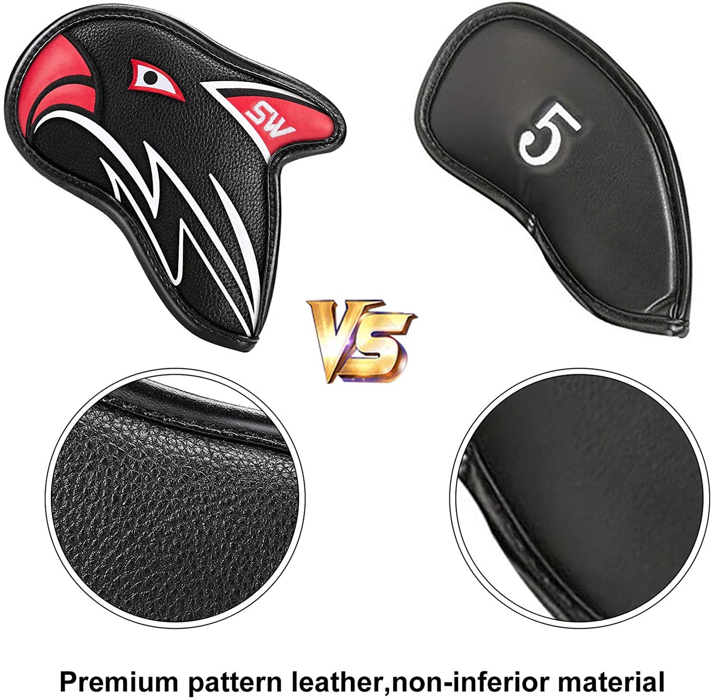 Golf Iron Head Covers 11pcs Thicken Eagle PU Leather Soft Black Embroideried Edging Closely Protector Right Handed Waterproof Durable Fit Most Clubs Wedge （4-9 Pw Aw Sw Lw X） Number