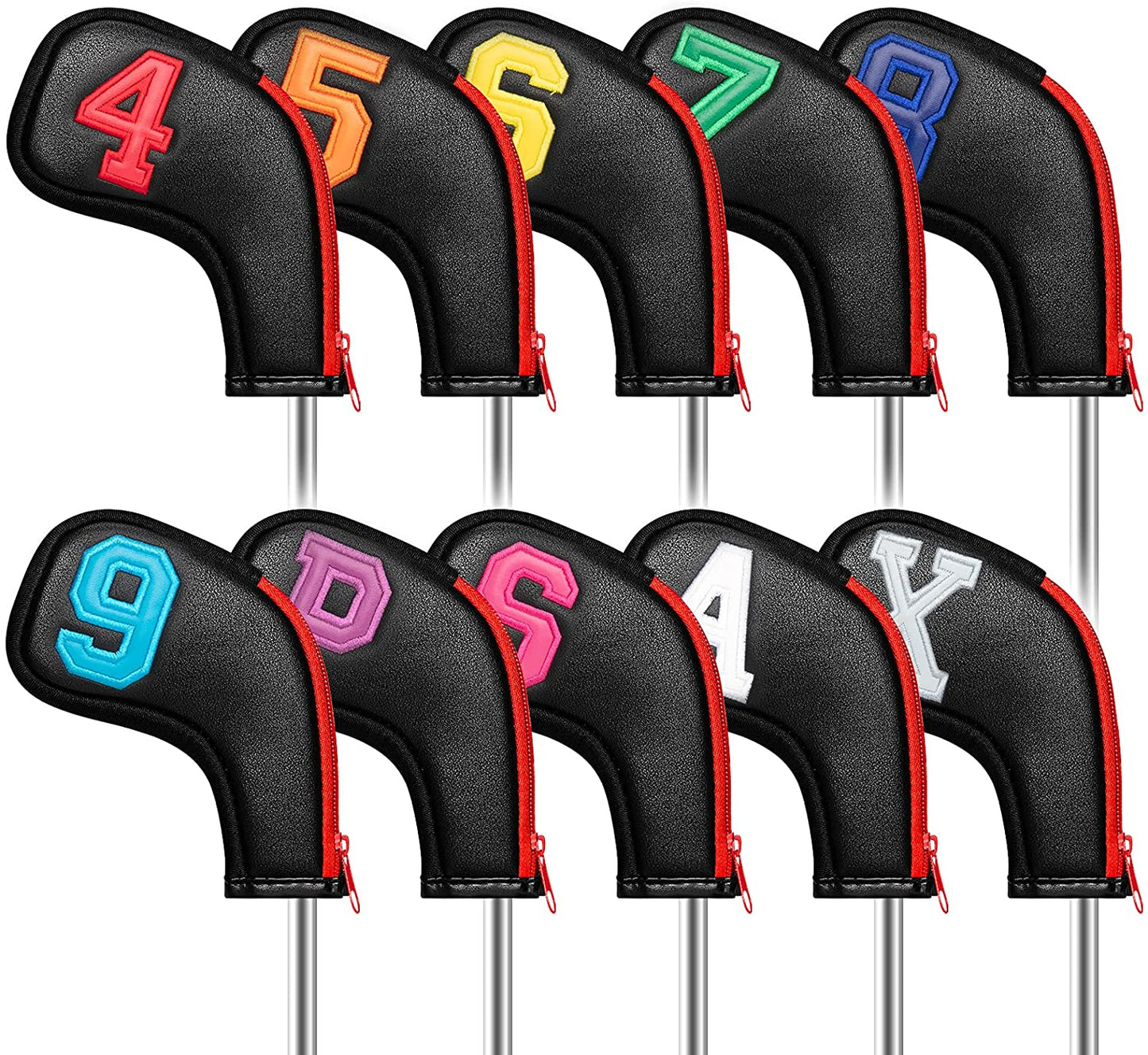 Golf Head Covers for Iron Headcover with Zipper Black Leather 10pcs Set Colorful Number Embroideried PU Leather Waterproof Fit All Brands