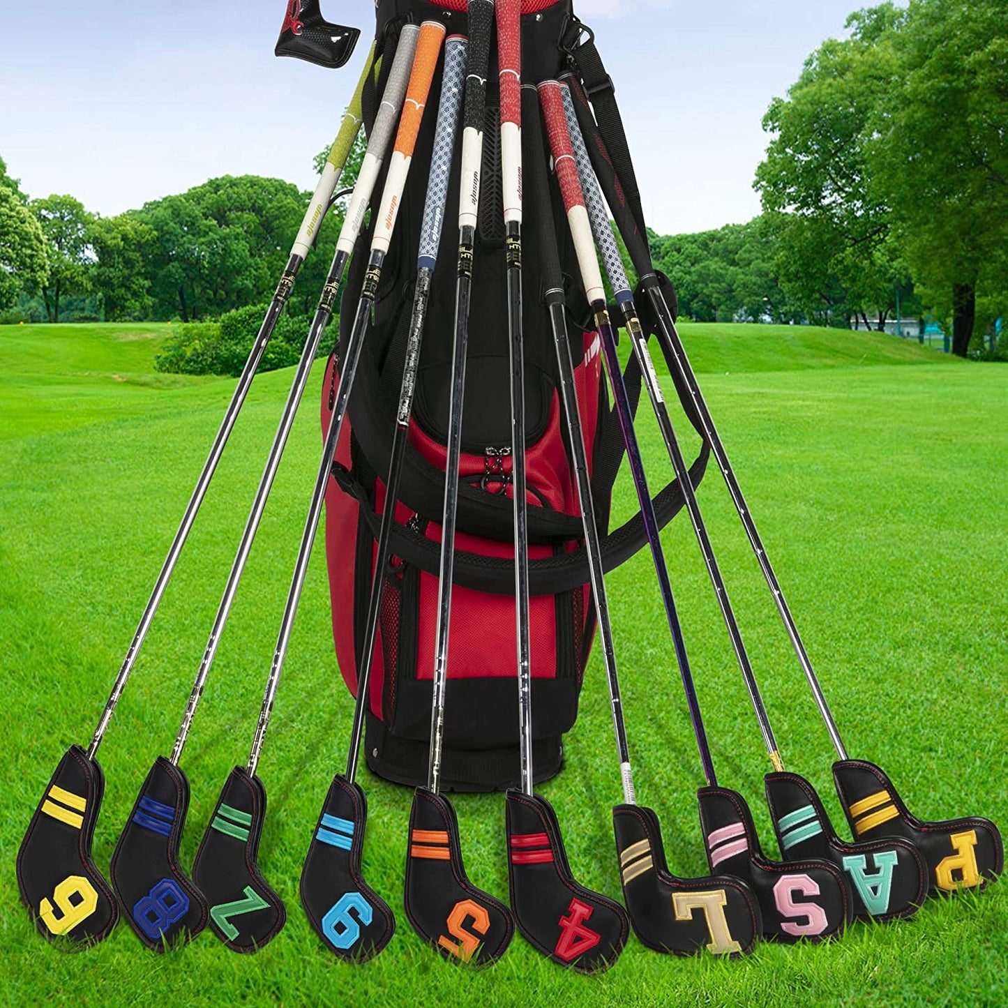 Zenesty Golf Iron Head Covers Set for Right Handed Black Color PU Leather 11pcs/lot (Including 4 5 6 7 8 9 Pw Aw Sw Lw X) Number Embroideried Moderately Thick Waterproof Fit Most Brands