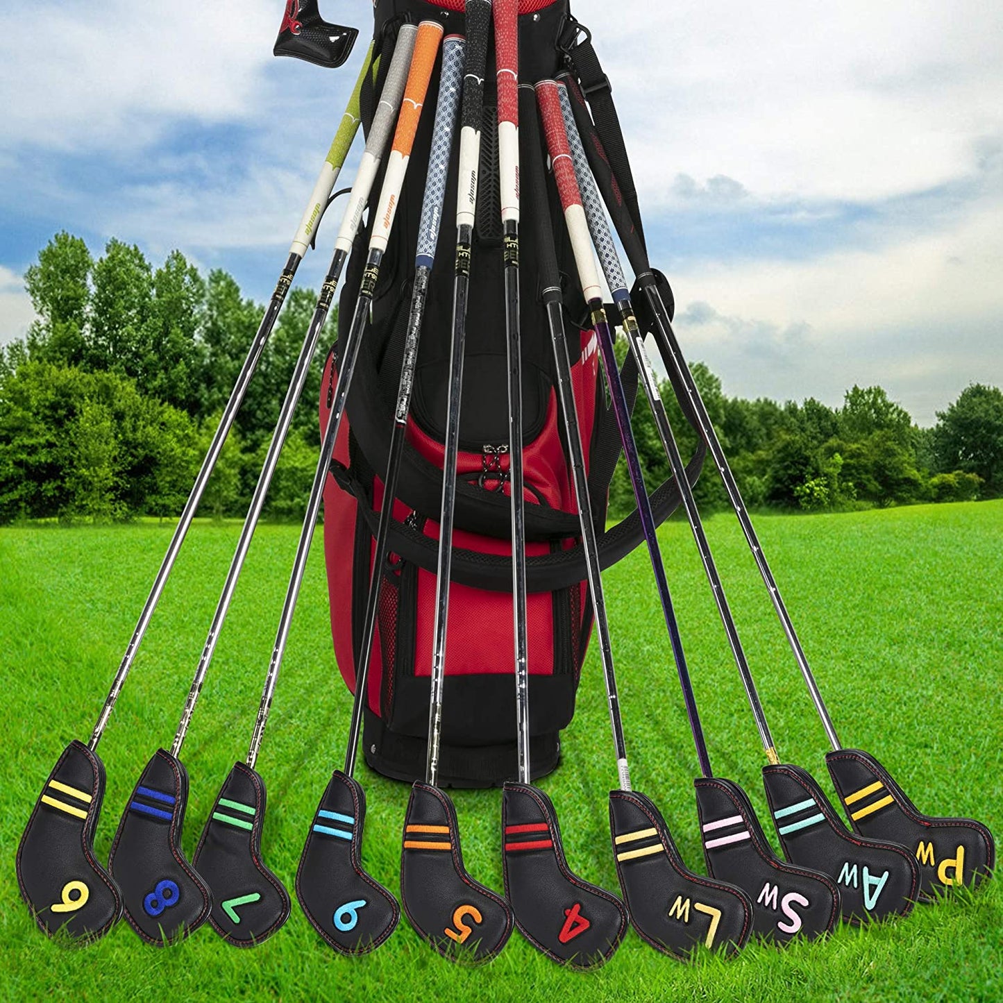 wosofe Schlägerhauben für Golfschläger, schwarzes Leder, Headcover, 11-teiliges Set (4 5 6 7 8 9 Pw Aw Sw Lw X, bunte Zahl, besticktes PU-Leder, wasserdicht, passend für alle Marken 