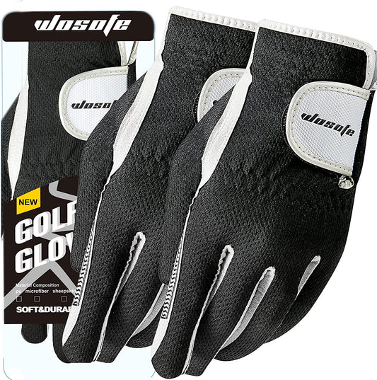 wosofe Golf Glove Mens Left Hand Gray Black Premium Super Fiber Cloth Weathersof Grip Soft Comfortable Perfect for Gift