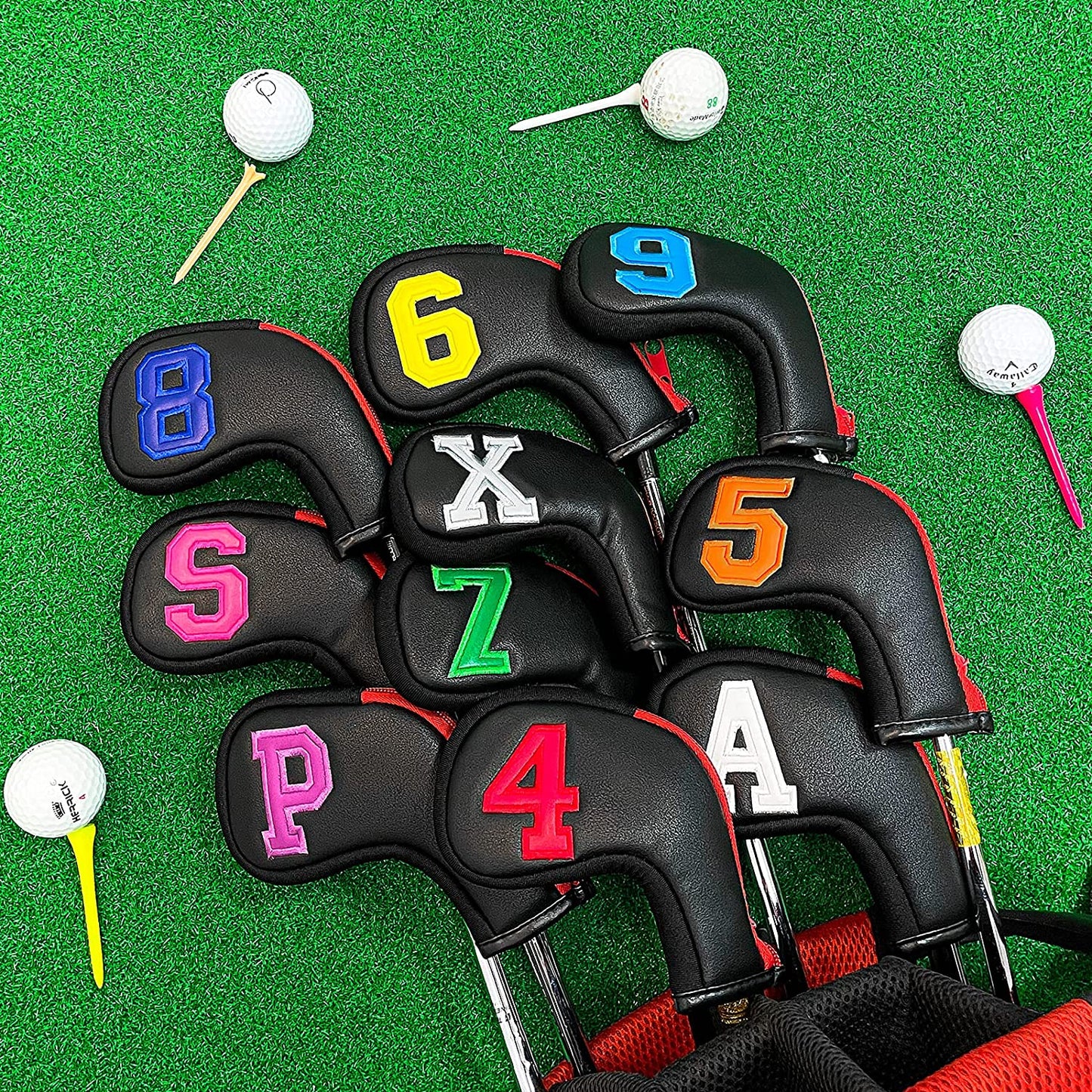Golf Head Covers für Iron Headcover mit Reißverschluss, schwarzes Leder, 10er-Set, bunte Zahlen, besticktes PU-Leder, wasserdicht, passend für alle Marken 